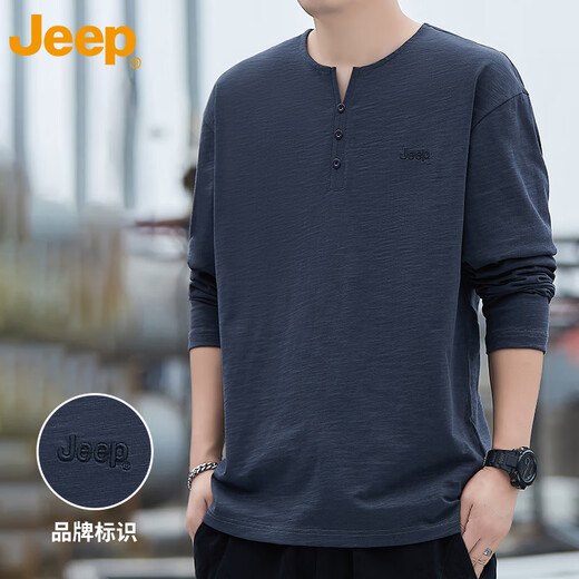 Jeep (JEEP) American genuine high-end pure cotton men's T-shirt bottoming shirt spring and autumn men's tops Henry collar casual thin sweatshirt (long sleeve) apricot official authentic 3XL suitable for 175Jin Jin equals about 0.5 kg