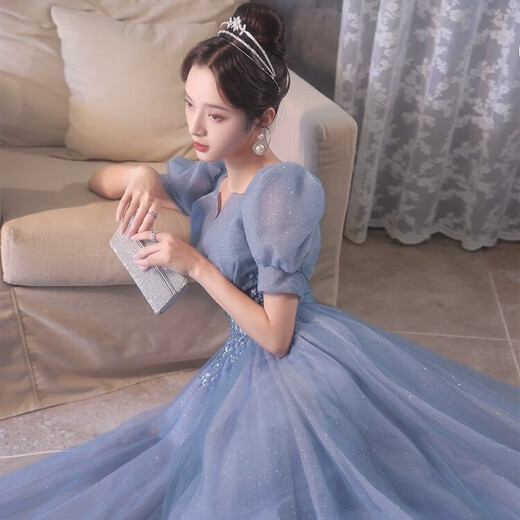 Li Baixin blue evening dress women's banquet temperament light luxury niche high-end sense art test 18-year-old adult ceremony host performance blue gray 3XL recommended 130-135Jin Jin equals 0.5 kg