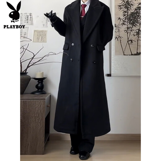 Playboy (PLAYBOY) black shoulder woolen coat for men and women in autumn and winter. Cotton and thickened long British style knee-length windbreaker woolen coat. Black cotton and thickened. XL 145 to 160Jin Jin is equal to 0.5 kg. Can be worn