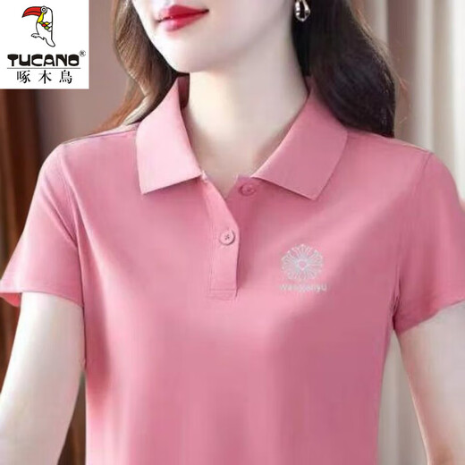 啄木鸟休闲polo衫短袖T恤女夏季新款中年妈妈装宽松大尺码显瘦翻领上衣 YC-6629红色 M 【建议85-100斤】