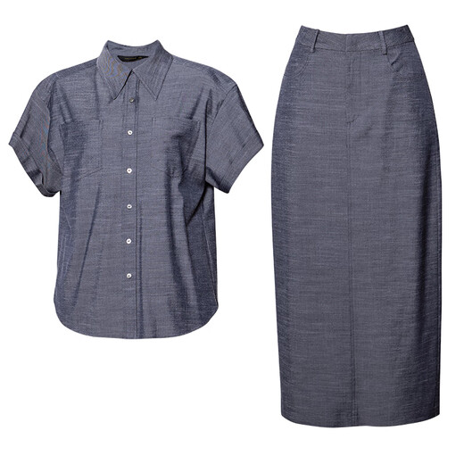 
ROEYSHOUSE LOI casual retro shirt suit 2025 summer new fashion solid color top skirt two-piece set 12398 denim blue S
