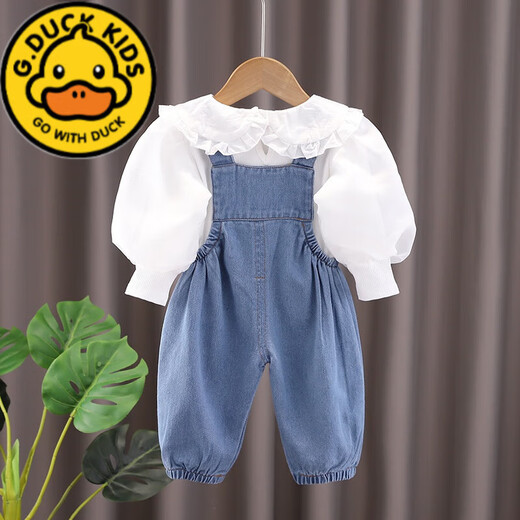 G.DUCKKIDS girls spring denim overalls suit 2024 new style baby clothes 1 to 3 years old baby girl trousers XP denim overalls cover puff sleeve blue 100 recommended age 3-4 years old
