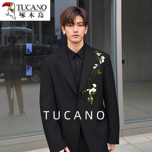 Woodpecker New Chinese Suit Camellia Embroidery Loose Chinese Style Men's Handsome Jacket Wedding Suit Obsidian Black Jacket XL