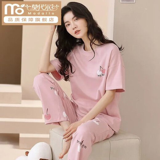 莫代尔棉质睡衣女夏天新款短袖长裤宽松春夏家居服薄款外穿夏季套装 SM-9711【棉质棉质】 M 码80-100斤需预留缩水