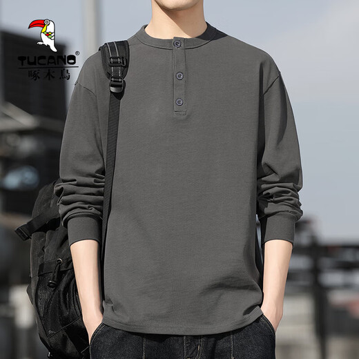 Woodpecker men's sweatshirt 2025 new spring and autumn long-sleeved T-shirt men's high-end heavyweight cotton Henry collar bottoming shirt men's gray L