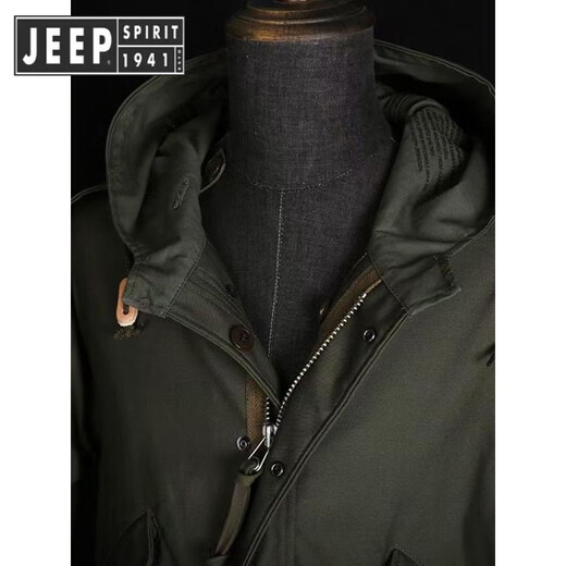 JEEP SPIRIT 2025 workwear hooded American retro new men's fishtail mid-length windbreaker Korean style parka outer green high quality XL 135-145Jin Jin is equal to 0.5 kg