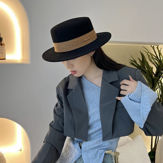 Xiang Jintong Sombrero francés de lana negro de alta calidad para mujer, estilo retro británico, ala plana simple, parte superior plana, sombrero único para mujer, caqui 56-58 cm M (56-58 cm)