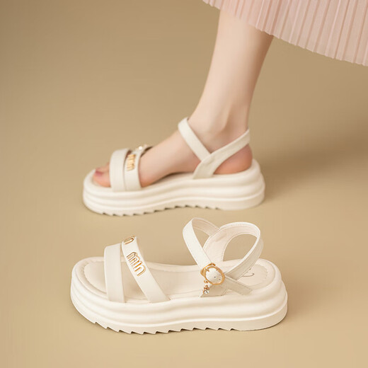 Huilijun shit-skinned sandals for women in summer 2025 new style French fairy style soft sole non-slip women's fashion sandals 9905 beige upgraded version versatile and comfortable 34
