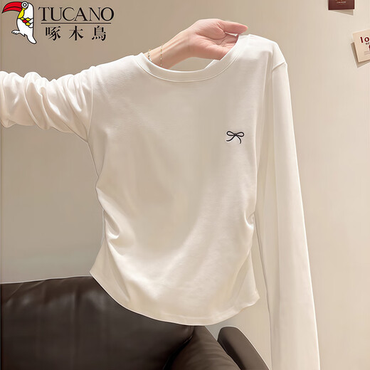 Woodpecker Right Shoulder Long Sleeve T-Shirt Women's Round Neck Bow Embroidery Autumn New Pleated Waist Bottoming Top White L