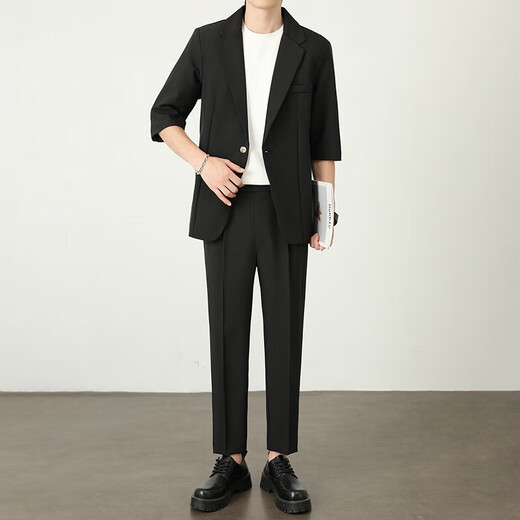 Light and mature style Korean style loose summer thin men's suit two-piece set gray set 3XL