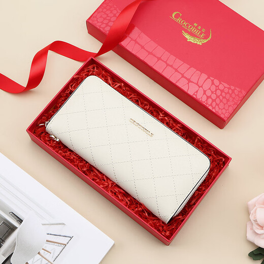 Crocodile shirt leather hand bag long rhombus wallet women's ticket holder coin purse gift box 2215 rice white
