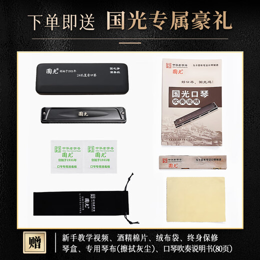 Guoguang 24-hole Guozhimeng performance-grade polyphonic harmonica in C (silver, embedded, glasses case)