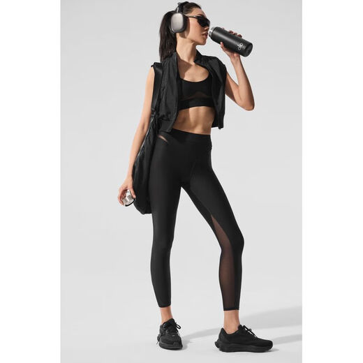 ALO YOGA yoga pants, tights, breathable mesh fabric splicing, running, fitness, dancing, Pilates pants, sports pants black XS (suitable for waist 63.5 - 67.5cm)