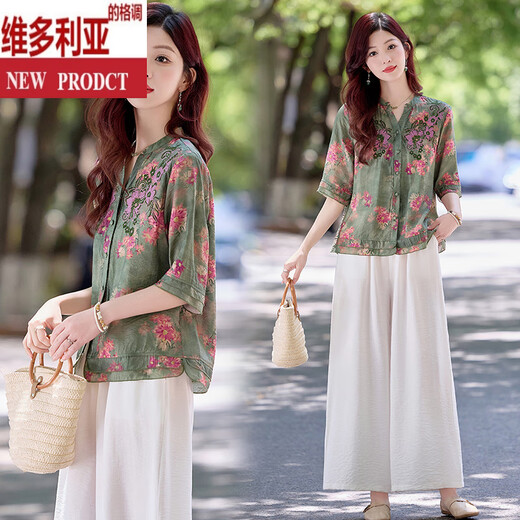 维多利亚的格调中式刺绣印花亚麻套装女2025夏款贵气感御姐宽松减龄轻奢两件套裤 绿色 M