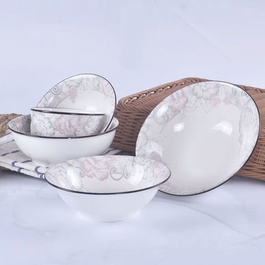 Ceramic soup bowl, large thickened Chinese tableware, rice bowl, rich peony bamboo hat bowl, 2 pieces (without spoon)