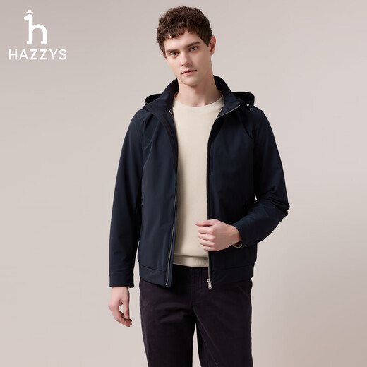 HAZZYS Men's 2025 Autumn New Jacket Water-Repellent and Windproof Removable Hat Jacket Men's ASVZU0CCU07 Dark Navy Blue DN L (175/96A 48)