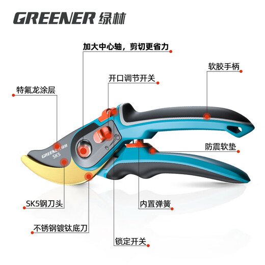 GREENER gardening scissors, special scissors for cutting branches, floral scissors, household garden fruit tree pruning scissors, two-color handle