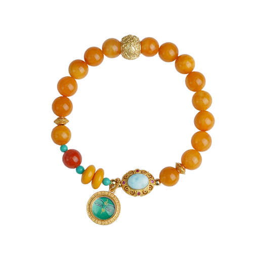Potala Palace Colorful Chicken Oil Yellow Beeswax Bracelets for Men and Women Aquamarine Buddha Beads Bracelet Amber Beads for Wife’s Birthday Gift 925 Silver Inlaid with Sea Stone Beeswax Bracelets