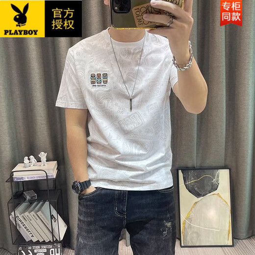 花花公子（PLAYBOY）2025夏季新款短袖t恤男士满身印花半袖百搭圆领薄款学生上衣1/2件 829短袖灰色+黑色【两件装】 L 【建议100-120斤】