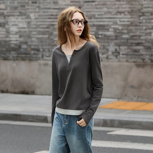 Tangshi 2025 autumn women's solid color small V-neck fake two-piece long-sleeved T-shirt