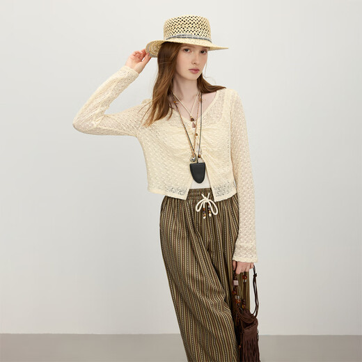 Fanslanen seaside resort-feeling knitted T-shirt blouse relaxed casual women's 2025 summer new top 2544 beige M