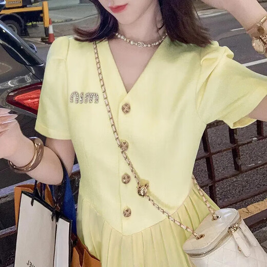 Women's 2025 summer new style French design small person waist-hugging slim princess dress D1478 Yellow M [100-110Jin[Jin equals 0.5 kg]]