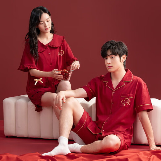 Pure cotton pajamas wedding newlyweds couple set red men's women's short-sleeved summer love couple's pajamas summer Z52012 couple XL male