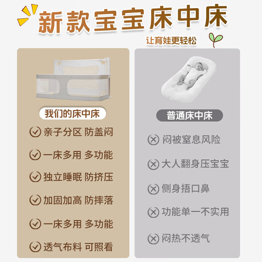 Small apartment anti-pressure crib bed-in-bed newborn baby playpen guardrail folding T removable baby bed baby anti-pressure playpen bed-Mihui gray (CD-3)