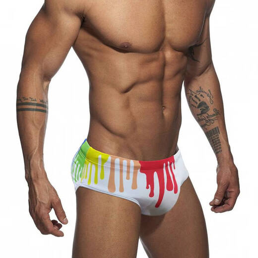 Nanbomaru Omiya Sommer-Badehose für Herren, Badeanzug, Regenbogen-Druck, Dreieck-Badehose, modisch, sexy Strand-Slip für Herren, Gelb_Körbchengröße M