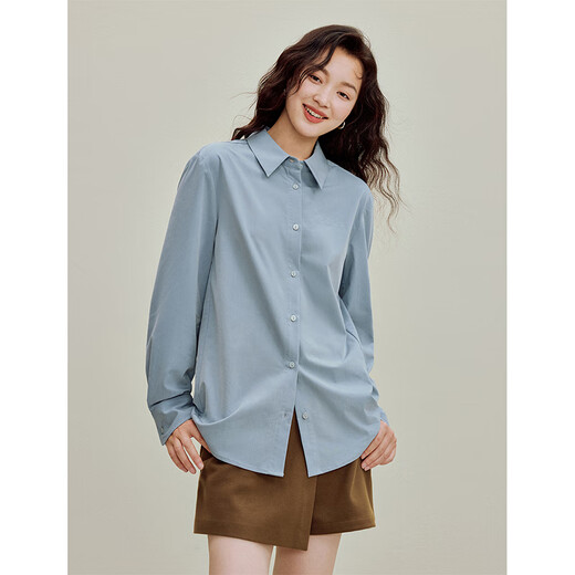 Inman casual embroidered shirt 2026 autumn women's new design lapel long-sleeved shirt gray blue XL