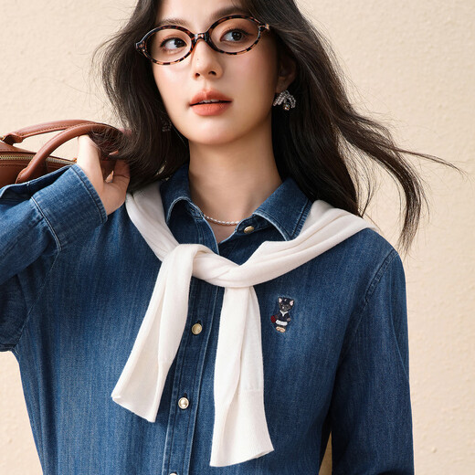 Shifanli Pure Cotton Oxford Spun Cat Embroidered Denim Shirt 2025 Autumn New Commuting Slim Top Jacket Women Denim Blue M