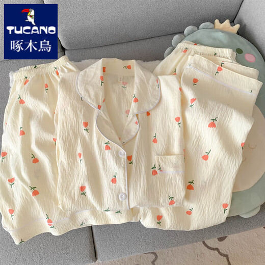 啄木鸟甜美玫瑰花纯棉纱布睡衣女款夏季短袖短裤长裤三件套装开衫家居服 云朵棉-J9901#乐园小狗三件套 M 【建议75-100斤】