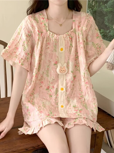 莫代尔带胸垫睡衣夏季新款女款碎花甜美薄款云朵纯棉短袖短裤家居服套装 449_9902-1#双短蓝条熊带胸垫 M