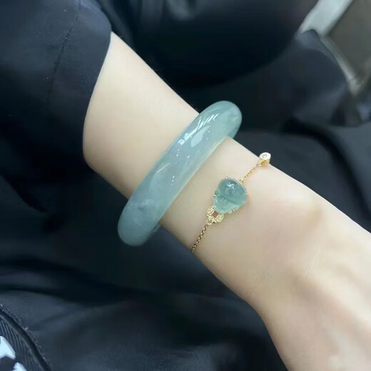 Laokeng Jade Bracelet Burmese Jade Bracelet Women's Peace Bracelet Ice Type Light Green Oil Green Floating Flower Jade Bracelet Positive Circle Ring Mouth 55-56mm