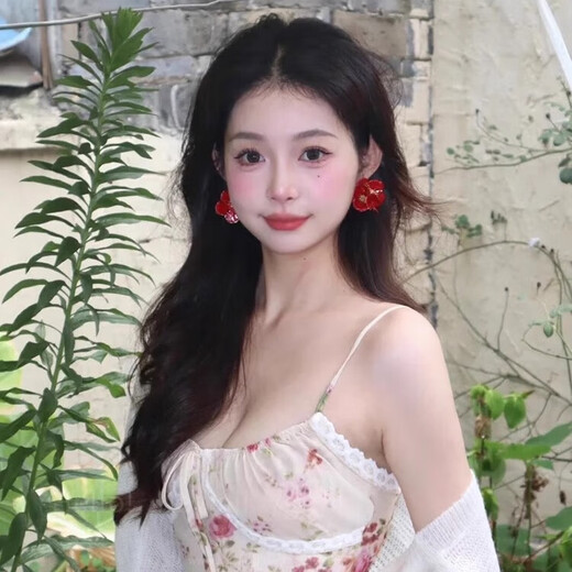 Exaggerated earrings, retro flowers, red camellia, French three-dimensional dripping glazed flower earrings, light luxury seaside resort style, red dripping glazed flower earrings