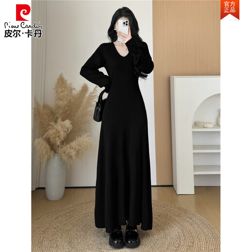 Pierre Cardin French v-neck knitted dress for women, new autumn and winter style, with coat and bottoming sweater skirt, long skirt, black M, recommended weight 95-110