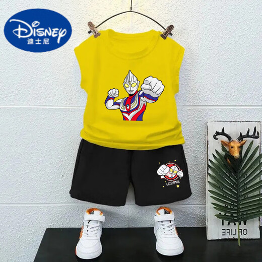 Disney pure cotton boy sleeveless vest set summer new Ultraman children's top baby summer suit handsome two-piece set fruit green T983 + black T273 small 110 cm recommended height 100-110CM