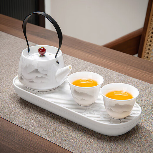 Chuwu mutton fat jade porcelain tea set with tea tray for home office teapot white porcelain tea cup three-piece set high-end dry infusion tray