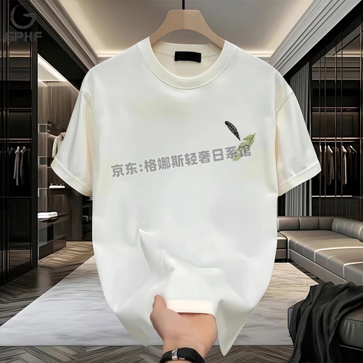 GPHF日本潮流简约短袖t恤男士夏季薄款宽松休闲印花半袖重磅纯棉体恤 白色前左侧小图k1098 两片小羽 S 80-100斤