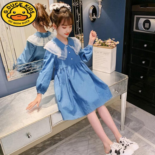 G.duck girls dress spring and autumn 2024 new medium and large children Korean style long-sleeved denim skirt girl fashionable princess dress blue 140 recommended height 130-140cm age 8-9 years old