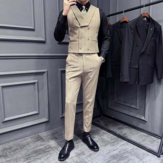 Jason's double-breasted plaid suit men's suit high-quality formal dress business casual groom's wedding suit three-piece khaki (suit + shirt + pants) 2XL