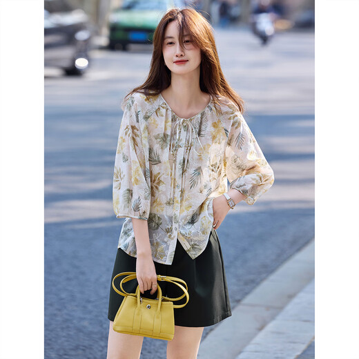 Awakening Paradise Summer Forest Style Super Fairy Design Niche Top Long Sleeve Floral Shirt Belt Shorts Two-piece Suit Women Dark Green S