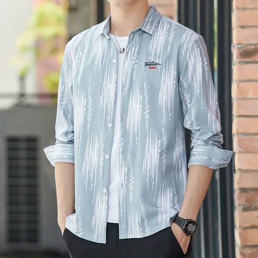 KMKA Herren Langarmhemd Herren Sommer dünne Eisseide Oberbekleidung Frühling und Sommer Hong Kong-Stil lässig vielseitiger Hemdtrend Koreanische Version 6169 Schwarz M 95-110Jin Jin entspricht 0,5 kg