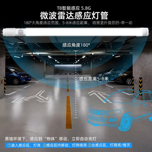 Pinjian T8 sensor lamp radar sensor lamp smart fluorescent lamp 1.2 meters led energy-saving garage lamp low light full brightness Beijing and warehouse next day delivery