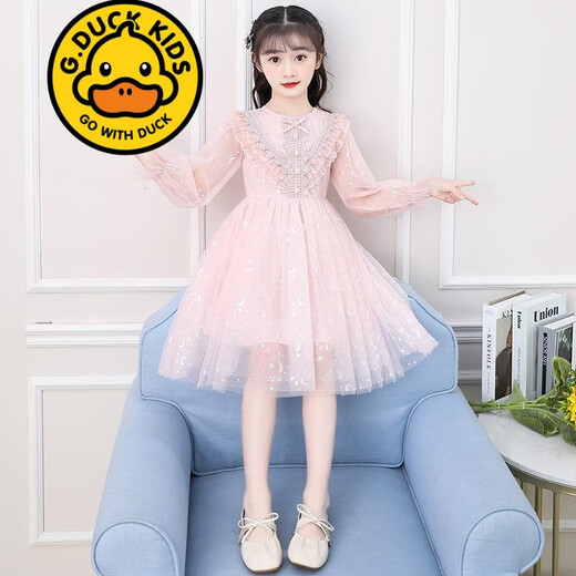 G.duck brand children's clothing girls dress autumn super western gauze skirt girls Korean version medium to large children long-sleeved princess dress trendy pink 130