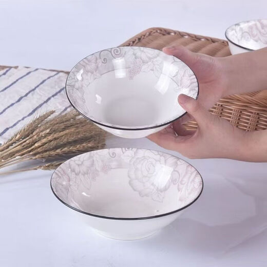 Ceramic soup bowl, large thickened Chinese tableware, rice bowl, rich peony bamboo hat bowl, 2 pieces (without spoon)