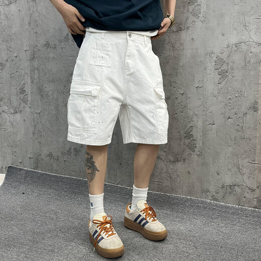 FR.YH.ZH Yin Xiaoji heavy washed loose workwear big pocket white bamboo denim shorts five-quarter pants for men and women 1049 white M 90-110