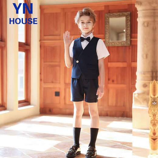 衣诺坊儿童西服套装夏款藏青色花童西服男孩钢琴演出主持人花童礼服西装