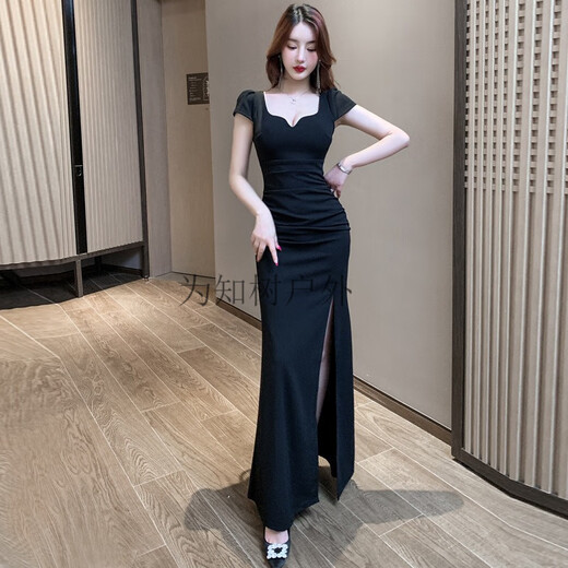 Wei Zhishu Discothèque Sexy Robe en V Profond Robe de Couverture de Hanche SPA Technicien de Bain de Pieds Discothèque KTV Vêtements de Travail de Beauté Ajouter 3882 Noir + 3XL Recommandé 135-150Jin Jin est égal à 0,5 kg