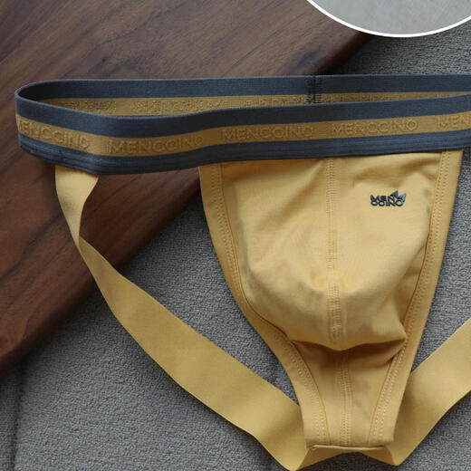 MENCCINO Budoji men's double-strap thong bare buttocks underwear breathable sweat-absorbent U-convex sexy low-waisted men Mango yellow L 175/85